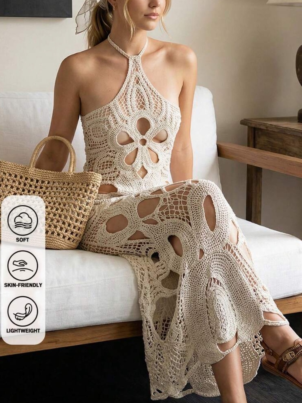 Bohemian Crochet Halter Maxi Dress — Beige